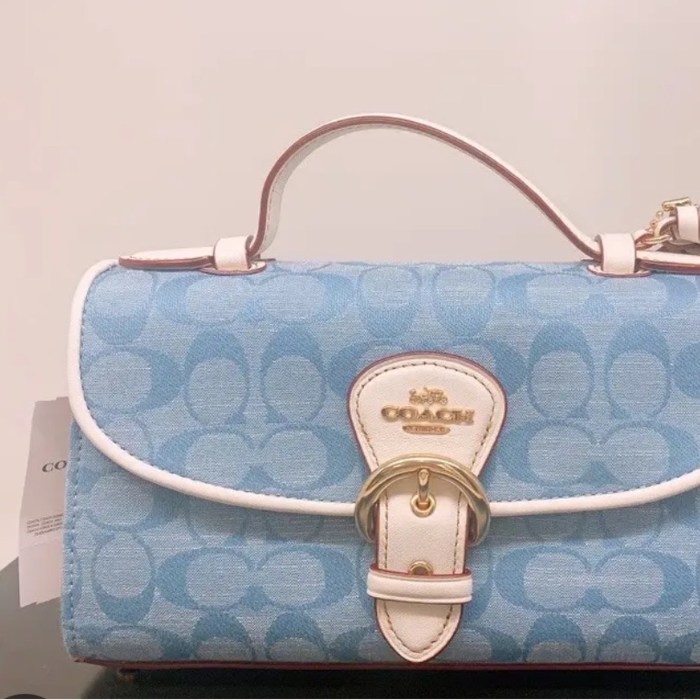 NWT Coach Kleo Top Handle In Signature Chambray blue and white leather Strap - Picture 6 of 8